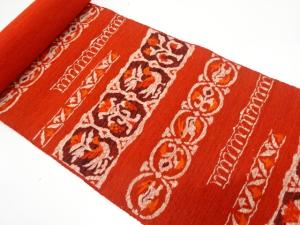 アンティーク　山半織物製　手織り真綿紬　花鳥に兎模様織り出し　名古屋帯地反物